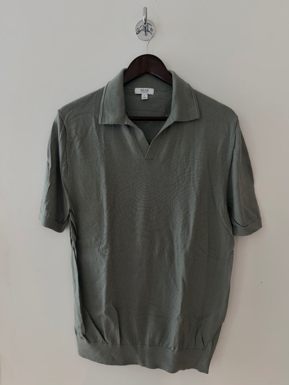 Reiss Merino Wool Green Open Collar Polo Shirt